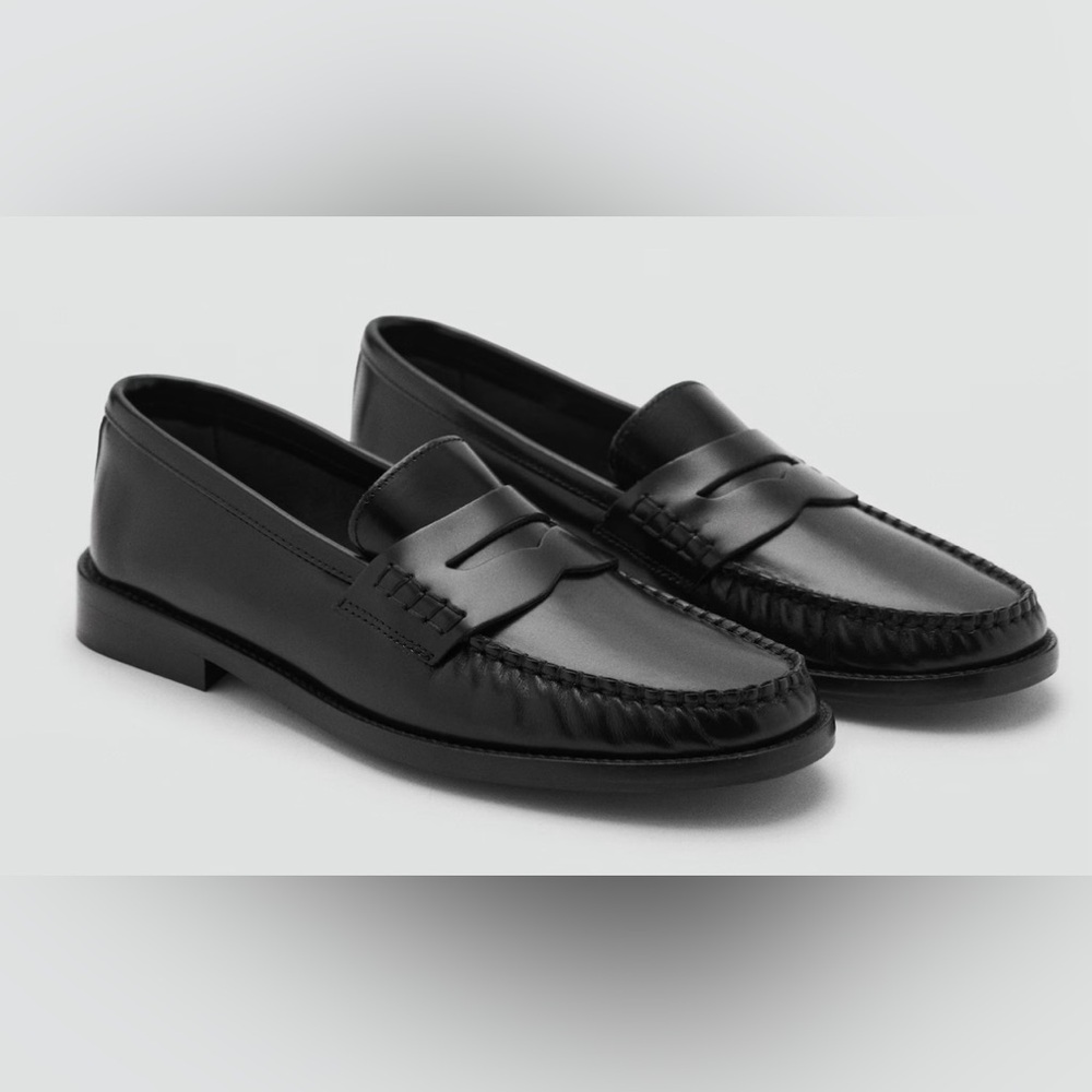 Mango Black Leather Penny Loafers